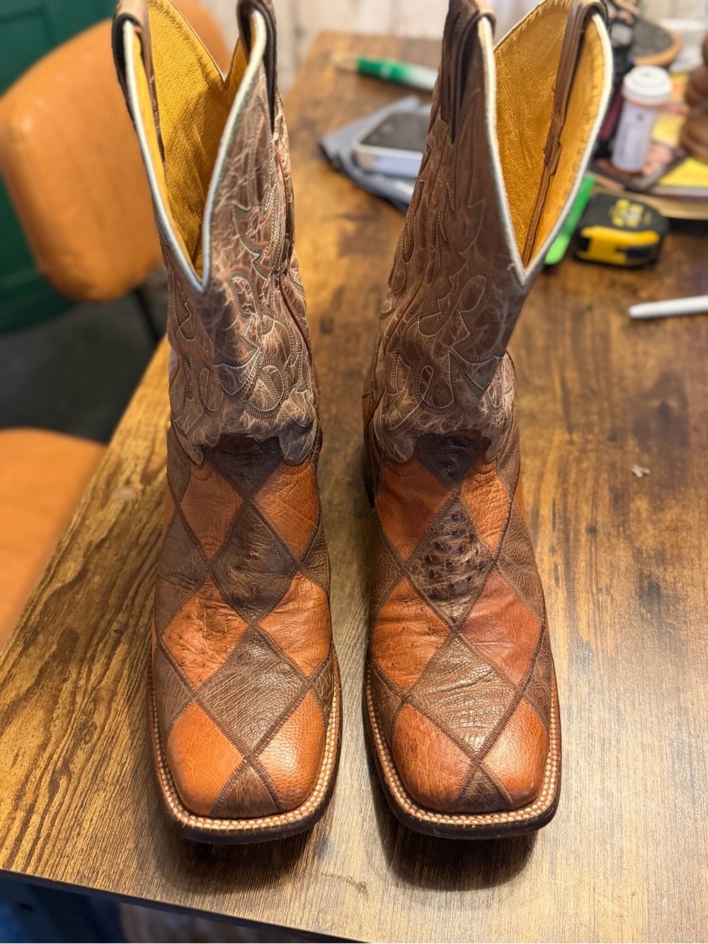 Brown Two-Tone Patchwork Genuine Ostrich Cowboy Boots - Men